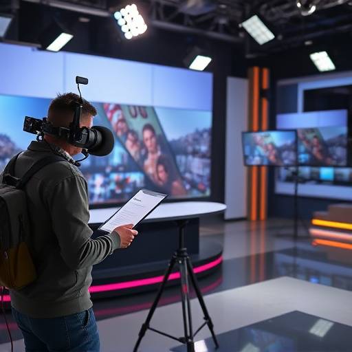 Apresentadora de telejornal em estüdio moderno